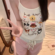 批发黛琳芬仿棉吊带袖短裤女士睡衣套装卡通季套头家居服pajamas189