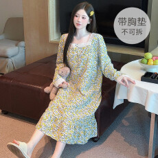 批发[黛琳芬]M-5XL带胸垫云朵棉长袖睡裙加大码睡衣家居服pajamas319