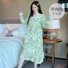 批发[黛琳芬]M-5XL带胸垫云朵棉长袖睡裙加大码睡衣家居服pajamas319