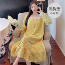 批发[黛琳芬]M-5XL带胸垫云朵棉长袖睡裙加大码睡衣家居服pajamas319