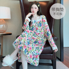 批发[黛琳芬]M-5XL带胸垫云朵棉长袖睡裙加大码睡衣家居服pajamas319