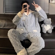 批发[黛琳芬]长毛绒翻领<b class='q'>男士</b>睡衣情侣睡衣加厚法兰绒家居服pajamas333