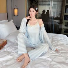 批发黛琳芬人棉带胸垫<b class='q'>三件套</b>女士<b class='q'>睡衣</b>甜美春秋新品家居服pajamas337