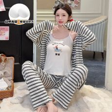 批发黛琳芬人棉带胸垫<b class='q'>三件套</b>女士<b class='q'>睡衣</b>甜美春秋新品家居服pajamas337