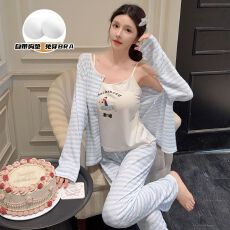 批发黛琳芬人棉带胸垫<b class='q'>三件套</b>女士<b class='q'>睡衣</b>甜美春秋新品家居服pajamas337