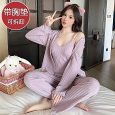 批发黛琳芬人棉带胸垫<b class='q'>三件套</b>女士<b class='q'>睡衣</b>甜美春秋新品家居服pajamas337