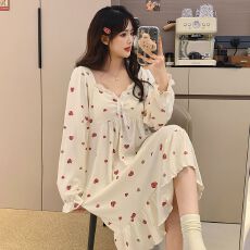 批发[黛琳芬]德绒带胸垫可拆中长款睡裙女士睡衣秋冬家居服pajamas348