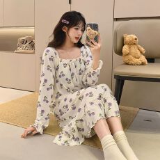 批发[黛琳芬]德绒带胸垫可拆中长款睡裙女士睡衣<b class='q'>秋</b>冬家居服pajamas348