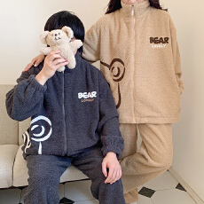 批发[黛琳芬]半边绒加绒加厚<b class='q'>男士</b>睡衣高领拉链情侣款家居服pajamas352