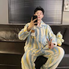 批发黛琳芬法兰绒加厚男士睡衣长毛绒秋冬季保暖家居服pajamas358