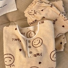 批发黛琳芬雪利绒女士睡衣套装秋冬季韩系印花两件套家居服pajamas363