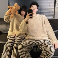 批发[黛琳芬]提花绒情侣款睡衣秋冬季休闲套头珊瑚绒家居服pajamas363