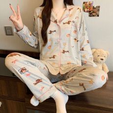 批发[黛琳芬]仿<b class='q'>棉</b>长袖长裤女士<b class='q'>睡衣</b>春秋印花韩系家居服pajamas368