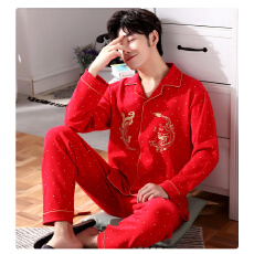 批发黛琳芬纯棉长袖男士<b class='q'>睡衣</b>印花红色本命年<b class='q'>亲子</b>家居服pajamas158