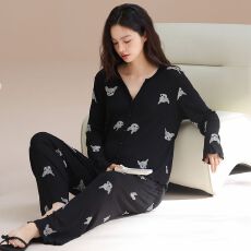 黛琳芬4色冰丝螺纹女士睡衣春秋ins印花少女家居服pajamas381