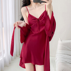 批发[黛琳芬]6色冰雪丝缎面吊带+睡袍套装两件套家居服pajamas401
