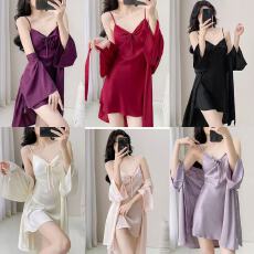批发[黛琳芬]6色冰雪丝缎面吊带+睡袍套装两件套家居服pajamas401