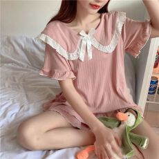 批发[黛琳芬]仿棉坑条纹5色娃娃领短袖女士睡衣甜美家居服pajamas403