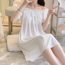 批发[黛琳芬]仿棉坑条纹5色一字肩睡裙女士睡衣少女家居服pajamas403