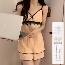 批发[黛琳芬]仿棉坑条纹3色吊带短裤女士睡衣蕾丝家居服女pajamas403