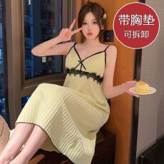 批发[黛琳芬]仿棉坑条纹3色吊带睡裙女士睡衣蕾丝家居服女pajamas403