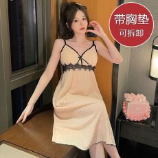 批发[黛琳芬]仿棉坑条纹3色吊带睡裙女士睡衣蕾丝家居服女pajamas403