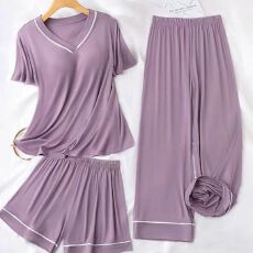 批发[黛琳芬]螺纹4色<b class='q'>三件套</b>短袖女士<b class='q'>睡衣</b>套装纯色家居服pajamas403