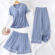 批发[黛琳芬]螺纹4色<b class='q'>三件套</b>短袖女士<b class='q'>睡衣</b>套装纯色家居服pajamas403