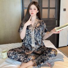 批发[黛琳芬]冰丝短袖长裤女士家居服套装印花14款外贸睡衣女批发409
