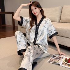 批发[黛琳芬]冰丝短袖长裤女士家居服套装印花14款外贸睡衣女批发409