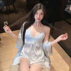 批发黛琳芬冰雪丝女士睡衣丝绸性感带胸垫吊带短裤<b class='q'>睡袍</b>三件套家居服