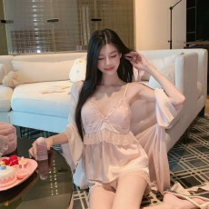 批发黛琳芬冰雪丝女士睡衣丝绸性感带胸垫吊带短裤<b class='q'>睡袍</b>三件套家居服