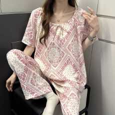 批发[黛琳芬]云朵棉<b class='q'>女士</b>家居服波西米亚风印花短袖长裤睡衣女批发431