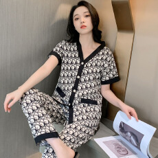 批发[黛琳芬]华尔棉女士家居服印花短袖长裤<b class='q'>外贸</b>加<b class='q'>大码</b>睡衣女两件套