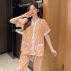 批发黛琳芬华尔棉女士家居服印花短袖长裤<b class='q'>外贸</b>加<b class='q'>大码</b>睡衣女两件套
