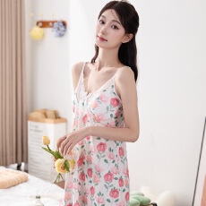 批发黛琳芬带胸垫<b class='q'>吊带</b><b class='q'>睡裙</b>女士睡衣服印花夏季凉感家居服女批发433