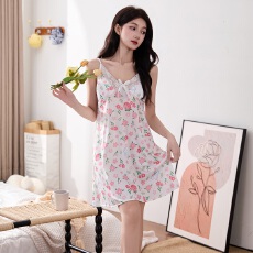 批发黛琳芬带胸垫<b class='q'>吊带</b><b class='q'>睡裙</b>女士睡衣服印花夏季凉感家居服女批发433