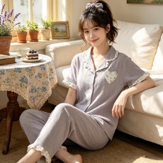 批发[黛琳芬]仿棉女士家居服ins韩系提花短袖长裤<b class='q'>睡衣</b>女两件套批发452