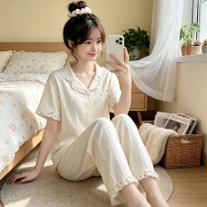 批发黛琳芬仿棉女士家居服ins韩系提花短袖长裤<b class='q'>睡衣</b>女两件套批发452