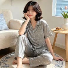 批发[黛琳芬]冰丝女士家居服韩系印花短袖仿<b class='q'>真丝</b><b class='q'>睡衣</b>女两件套批发456