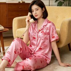 批发[黛琳芬]冰丝女士家居服韩系印花短袖仿<b class='q'>真丝</b><b class='q'>睡衣</b>女两件套批发456