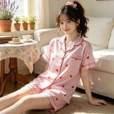 批发[黛琳芬]冰丝女士家居服韩系印花短袖仿<b class='q'>真丝</b><b class='q'>睡衣</b>女两件套批发456