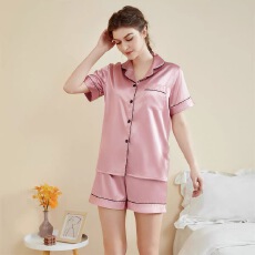 批发[黛琳芬]冰丝短袖女士<b class='q'>睡衣</b>服夏季纯色跨境仿<b class='q'>真丝</b>家居服两件套456