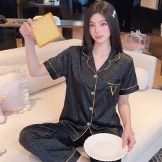 批发[黛琳芬]冰丝女士家居服韩系印花短袖仿<b class='q'>真丝</b><b class='q'>睡衣</b>女两件套批发457