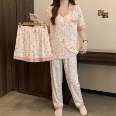 批发黛琳芬仿棉女士睡衣服韩系可外出印花少女ins新款三件套批发458