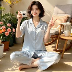 批发[黛琳芬]冰丝女士家居服韩系印花短袖仿<b class='q'>真丝</b><b class='q'>睡衣</b>女两件套批发458