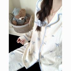 黛琳芬优质云朵棉贝壳绣长袖女士睡衣韩系春秋季翻领新款家居服