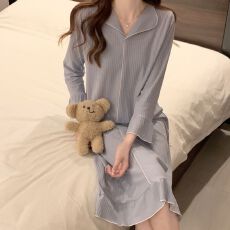 批发[黛琳芬]坑条纹长袖女士睡裙中长款翻领睡裙<b class='q'>春</b>秋季薄款家居服