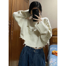 批发特价毛料人造毛小红书图<b class='q'>春秋</b>宽松短款破洞毛衣女软糯外套