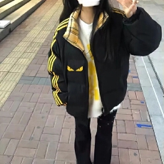 批发可退换(高品质手塞棉不跑棉加厚)冬季宽松印花棉衣棉服面包服女